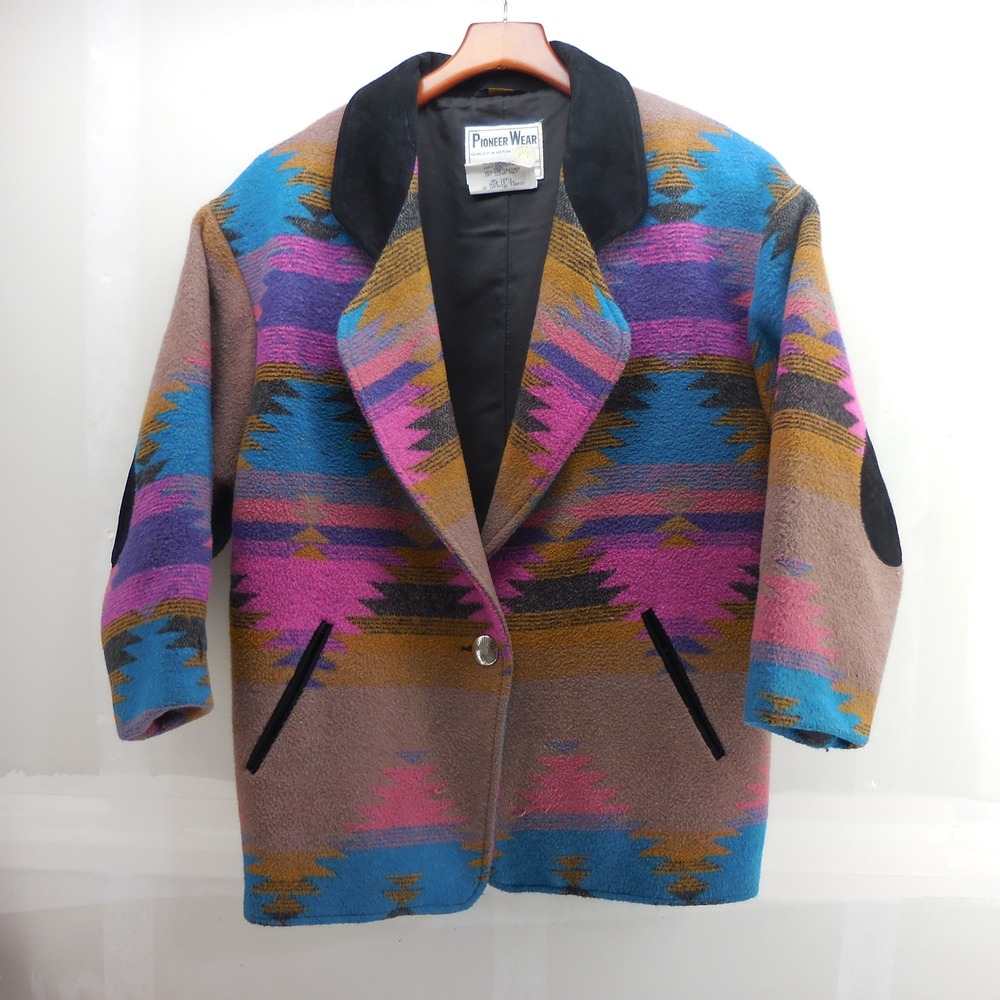Pioneer Wear Vintage Southwestern Aztec Wool Blend Coat Leather Trim USA Size 8
